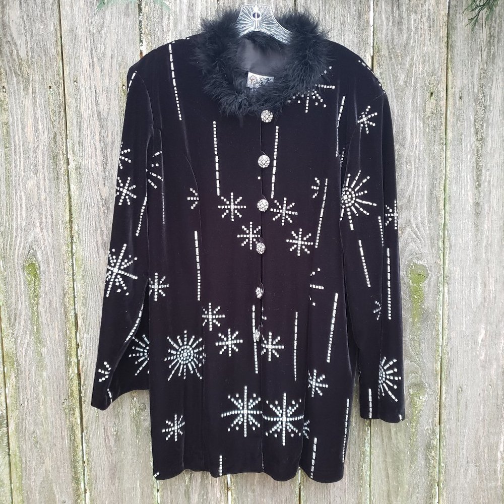 Vintage 90s/y2k Black Velvet Winter Snowflake Cardigan style sweater jacket